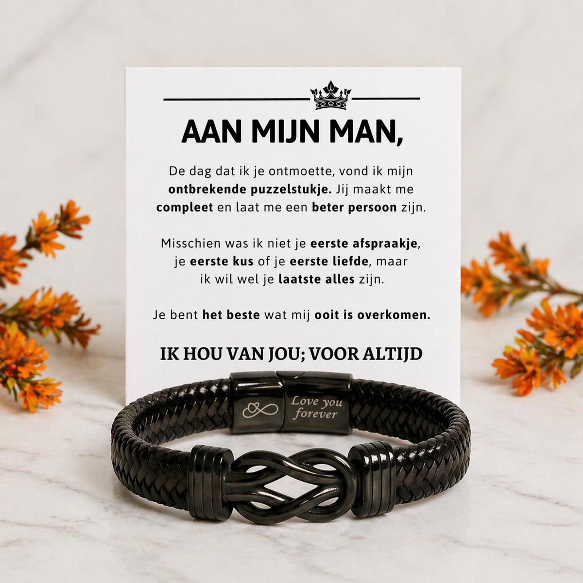 Für meinen Mann – Schwarzes Infinity Armband mit Gravur