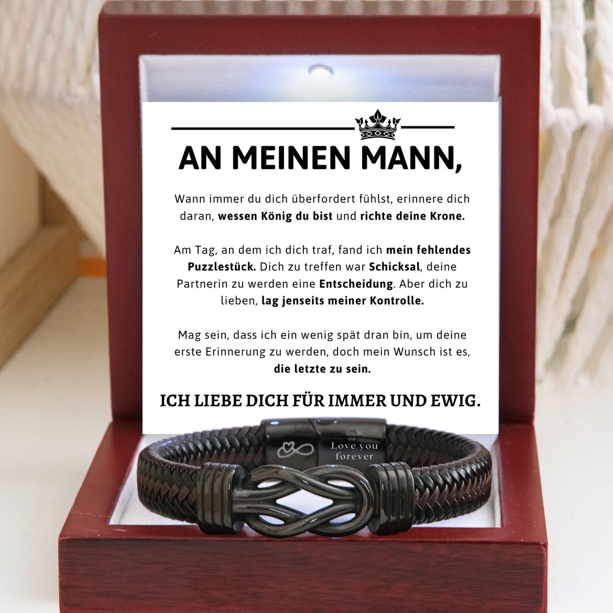 Zwarte infinity armband Aan mijn Man in luxe mahonie LED-doos