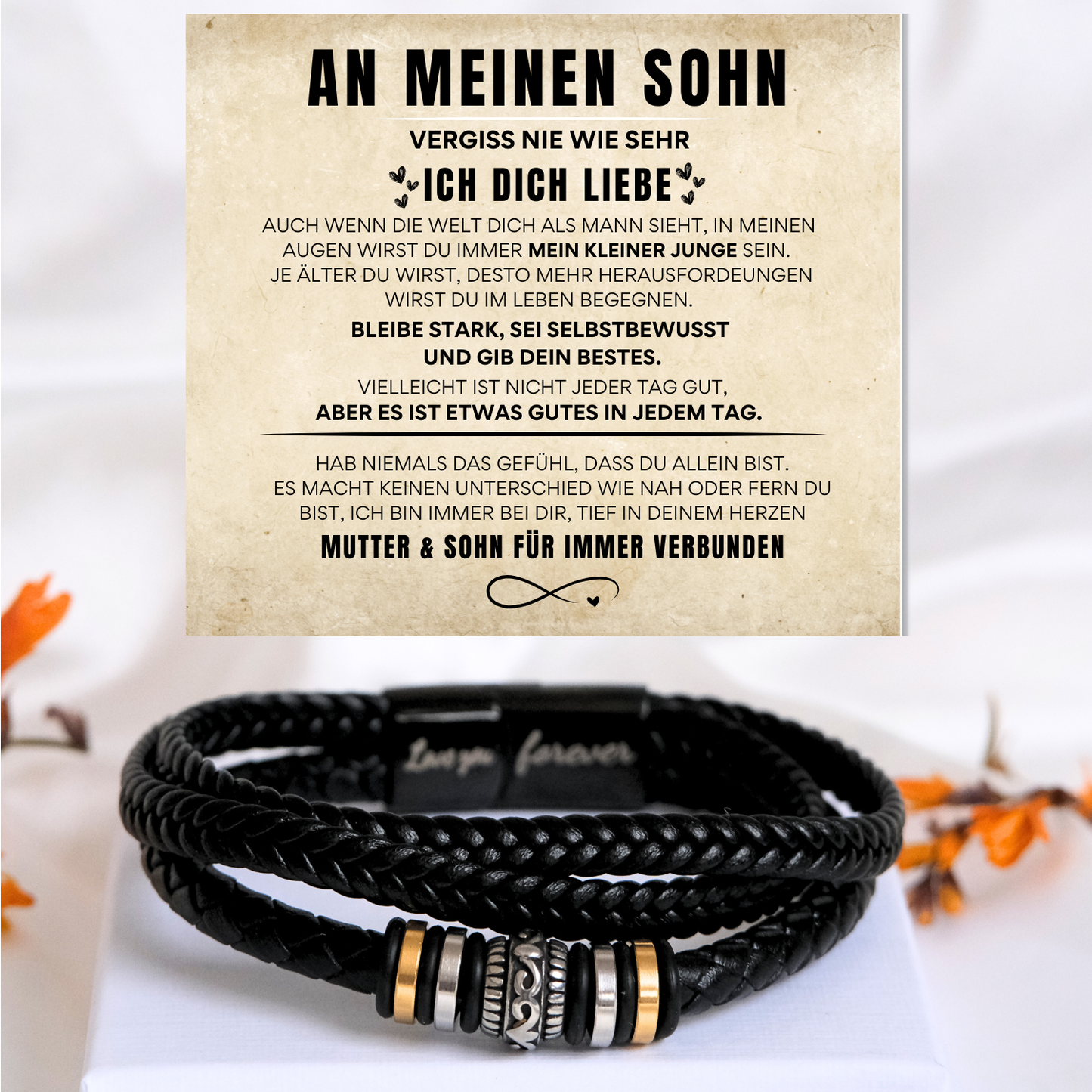 Für meinen Sohn -  Geflochtenes Lederarmband mit Metallakzenten - B1-T61-BEIGE