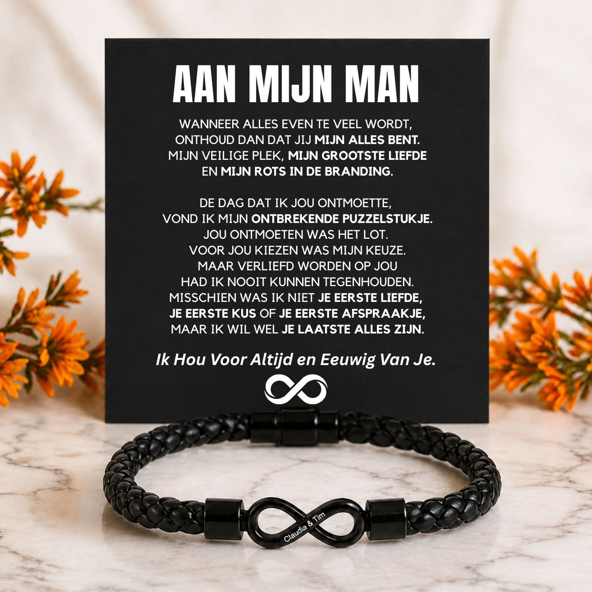 Dual name infinity armband met gravure voor je man, in standaard cadeaudoos