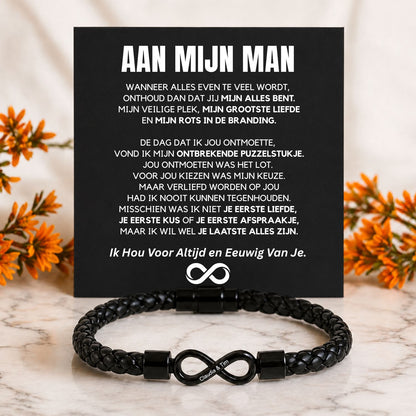 Dual name infinity armband met gravure voor je man, in standaard cadeaudoos
