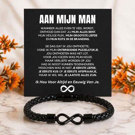 Dual name infinity armband met gravure voor je man, in standaard cadeaudoos