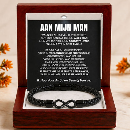 Dual name infinity armband in luxe mahonie LED-doos