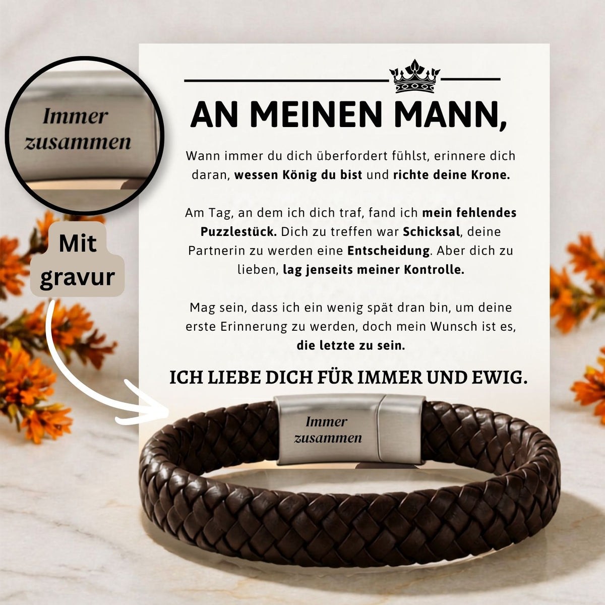 Bruine gevlochten armband met gravure – Aan mijn man