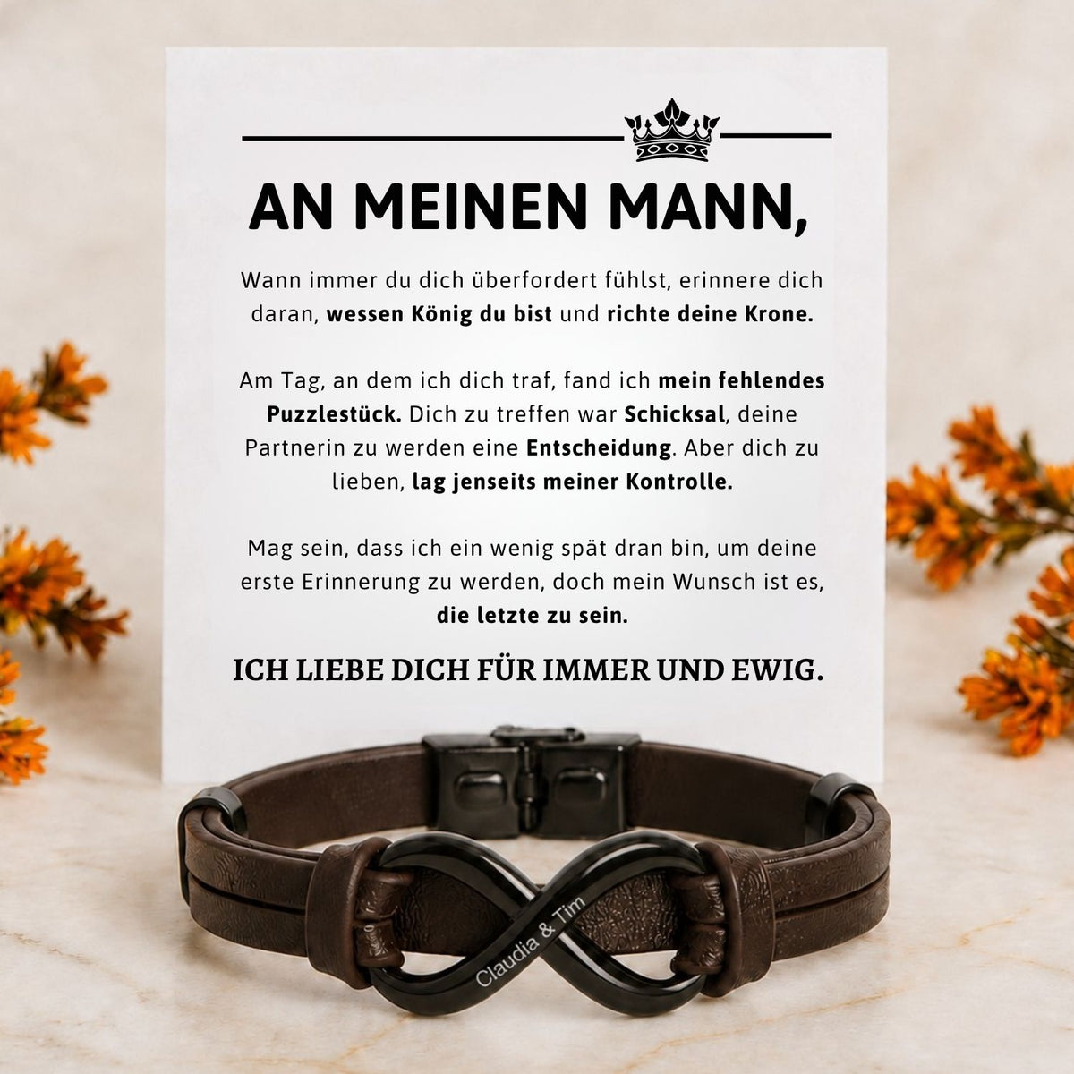 Leren infinity armband met twee gegraveerde namen – Aan mijn man