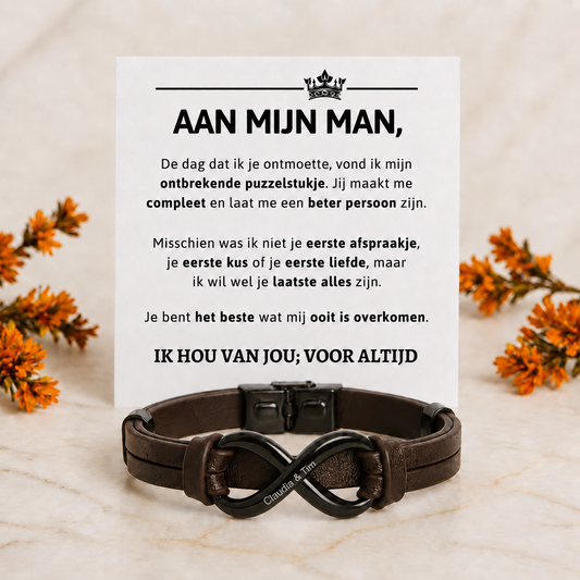 Leren infinity armband met twee gegraveerde namen – Aan mijn man