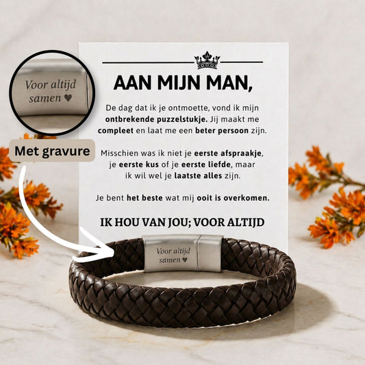 Bruine gevlochten armband met gravure – Aan mijn man