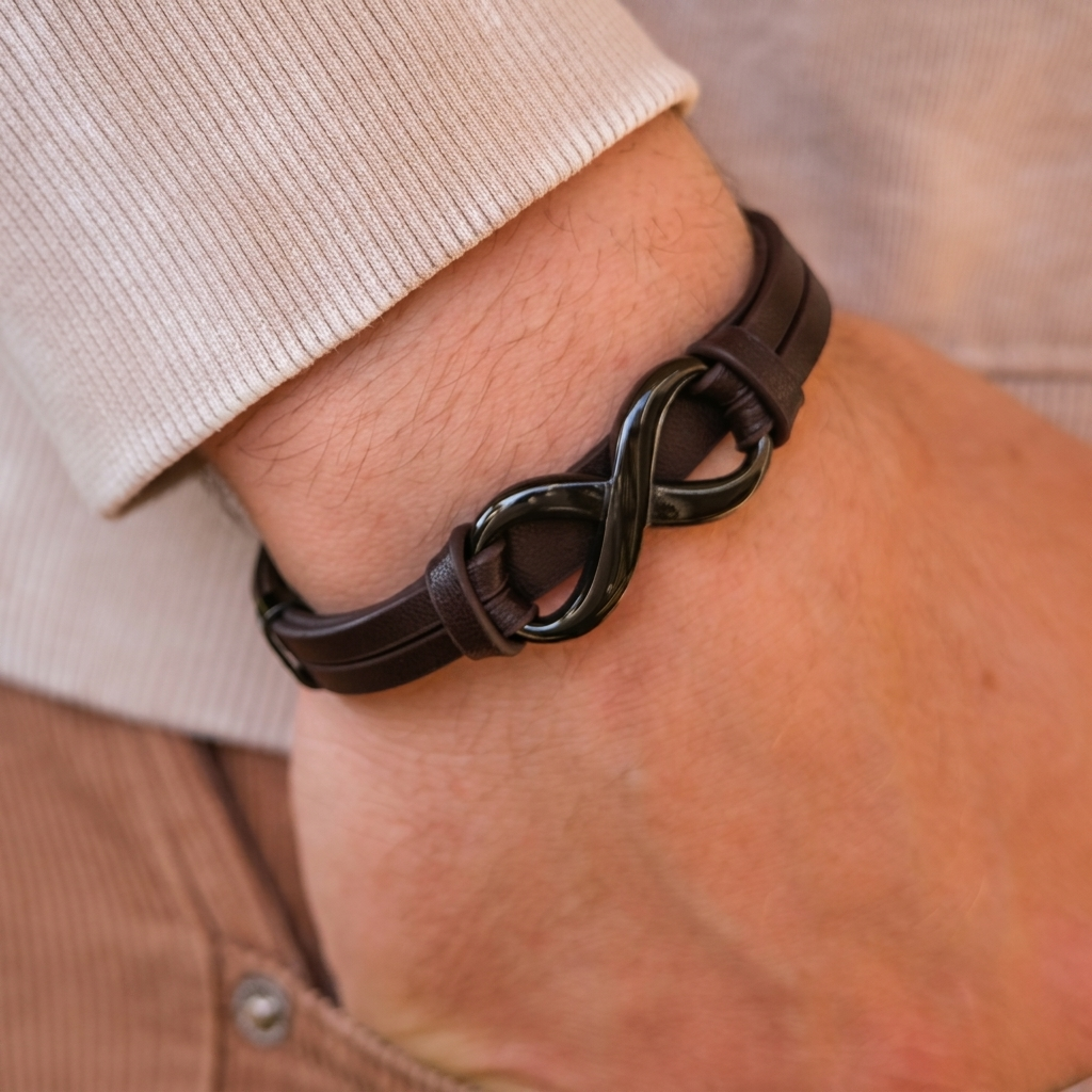 Bruine leren infinity armband met gravure